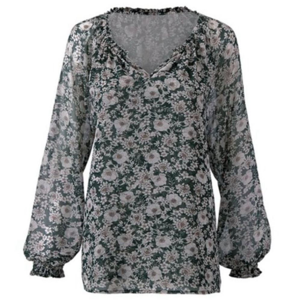 Cabi | Floral Peasant Blouse Flowy Green White Size XS
